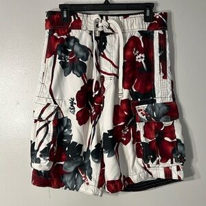 American Eagle Board Shorts Men Sz Sm. Hawaiian Print in White, Red & Gray.